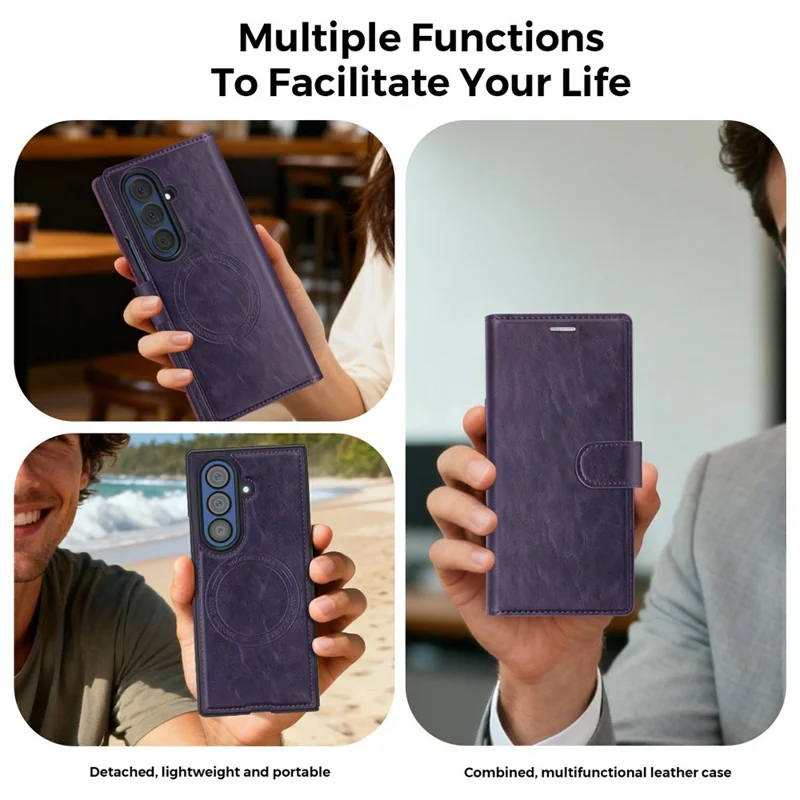 For Samsung Galaxy Z Fold7 5G Magnetic Leather Case RFID Blocking Wallet Detachable Phone Cover - Dark Purple
