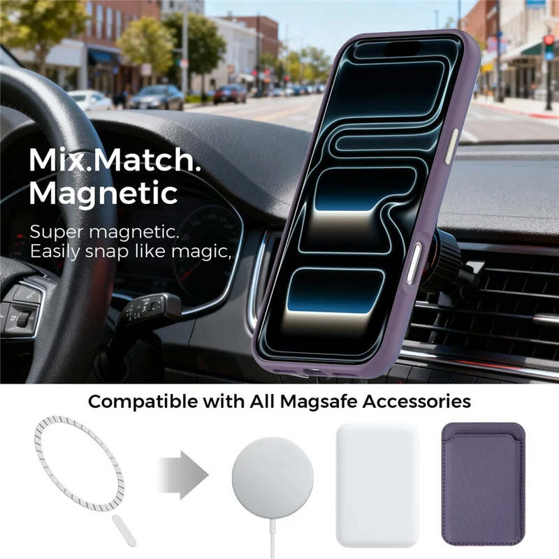 Für iPhone 17 Pro Max Hülle kompatibel mit MagSafe, feines Gitter-Struktur-Lederbeschichtung TPU PC-Handyhülle mit Metall-Linsenrahmen - Lila