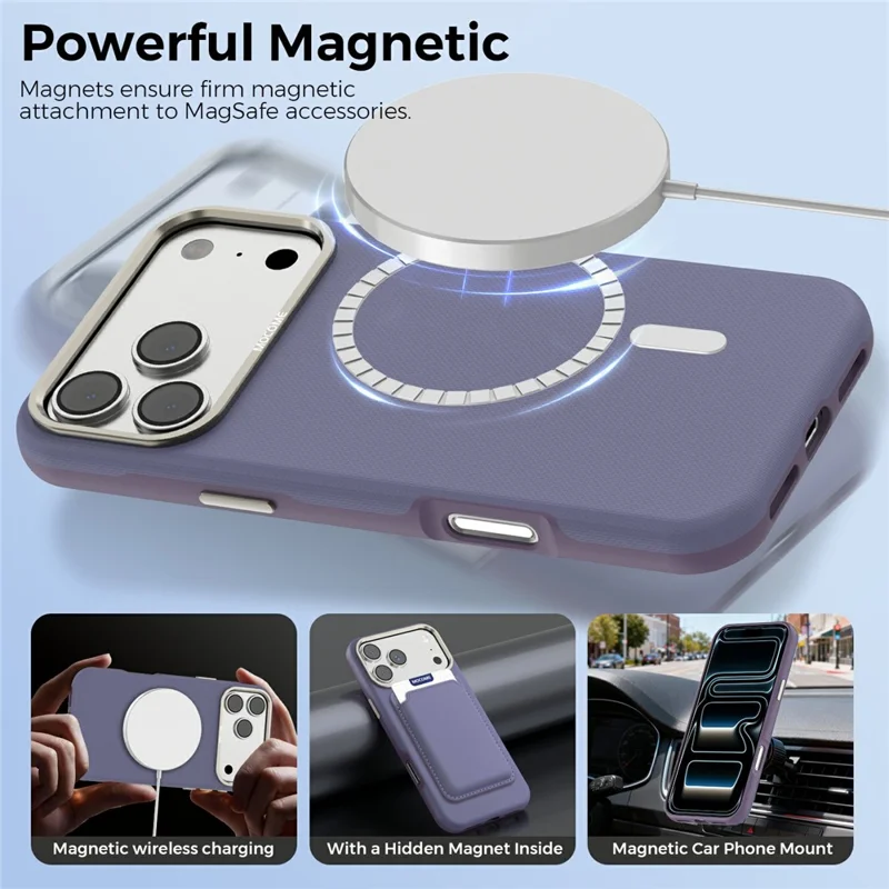 Cover per iPhone 17 Pro Compatibile con MagSafe con Texture a Griglia Fine, Rivestimento in Pelle PU, Cover in TPU e PC con Cornice Metallica per Obiettivo - Viola