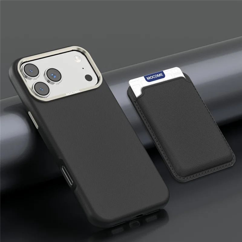 Für iPhone 17 Pro Max Hülle kompatibel mit MagSafe Feines Gittermuster Leder-Backcover mit abnehmbarem Kartenhalter - Schwarz