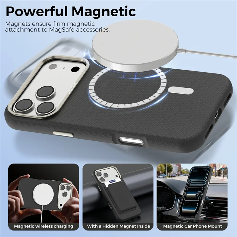 Für iPhone 17 Pro Max Hülle kompatibel mit MagSafe Feines Gittermuster Leder-Backcover mit abnehmbarem Kartenhalter - Schwarz