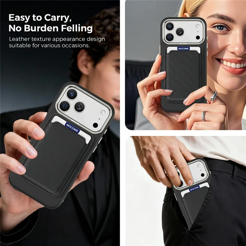 Für iPhone 17 Pro Max Hülle kompatibel mit MagSafe Feines Gittermuster Leder-Backcover mit abnehmbarem Kartenhalter - Schwarz