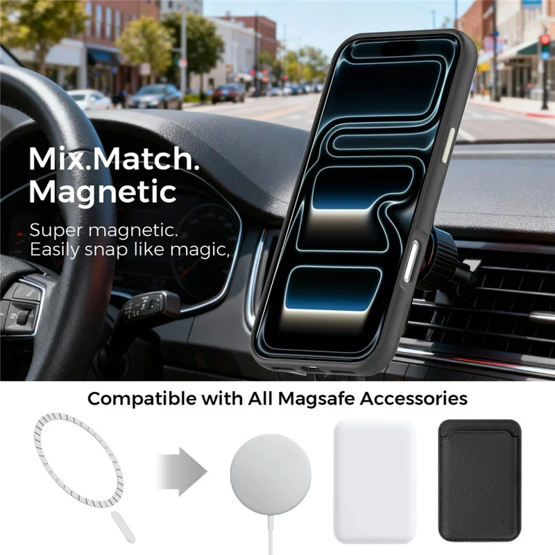 Custodia per iPhone 17 Pro Compatibile con MagSafe, Copertura Posteriore in Pelle con Texture a Griglia Fine e Supporto per Schede Staccabile - Nero