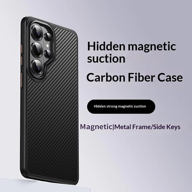 For Samsung Galaxy S26 Ultra Magnetic Case Carbon Fiber Texture PC + TPU Cover - Black