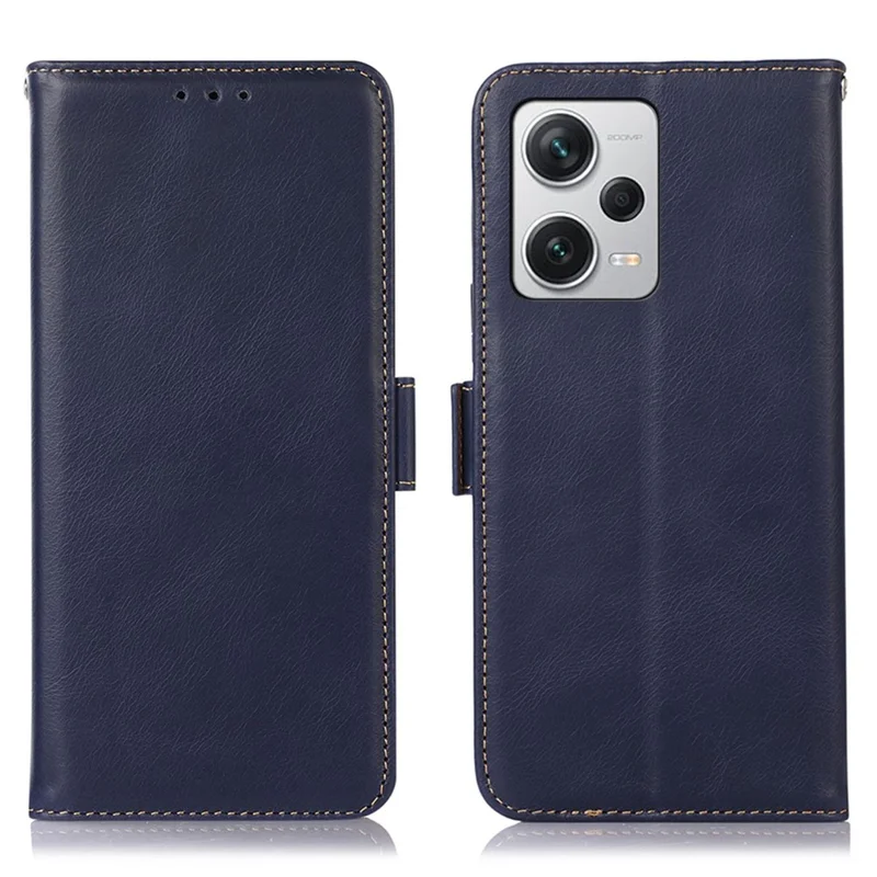 For Xiaomi Redmi Note 12 Pro+ 5G RFID Blocking Genuine Cowhide Leather Case Crazy Horse Texture Wallet Stand Magnetic Phone Cover - Blue