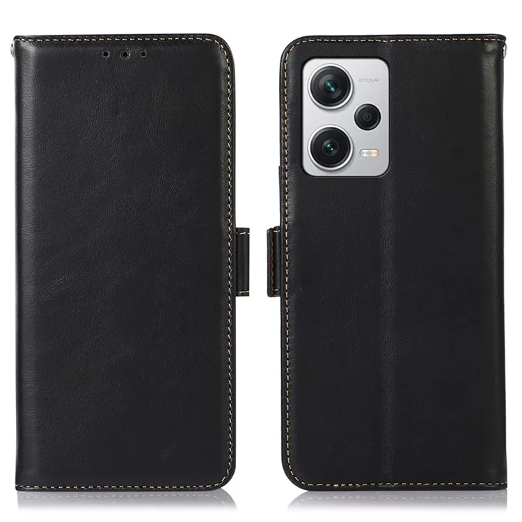 For Xiaomi Redmi Note 12 Pro+ 5G RFID Blocking Genuine Cowhide Leather Case Crazy Horse Texture Wallet Stand Magnetic Phone Cover - Black