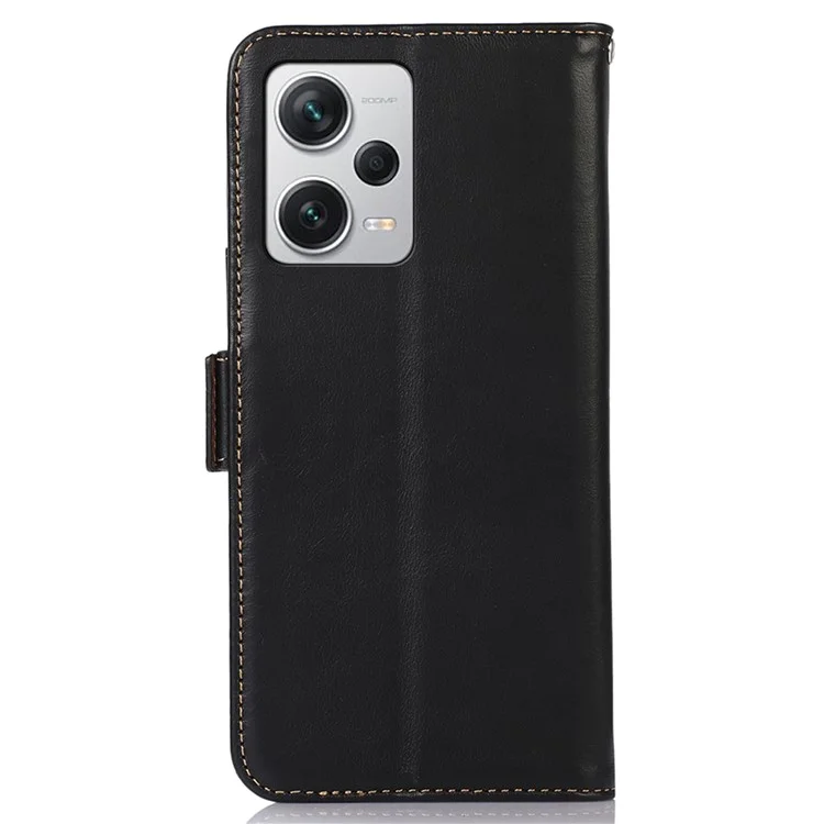 For Xiaomi Redmi Note 12 Pro+ 5G RFID Blocking Genuine Cowhide Leather Case Crazy Horse Texture Wallet Stand Magnetic Phone Cover - Black