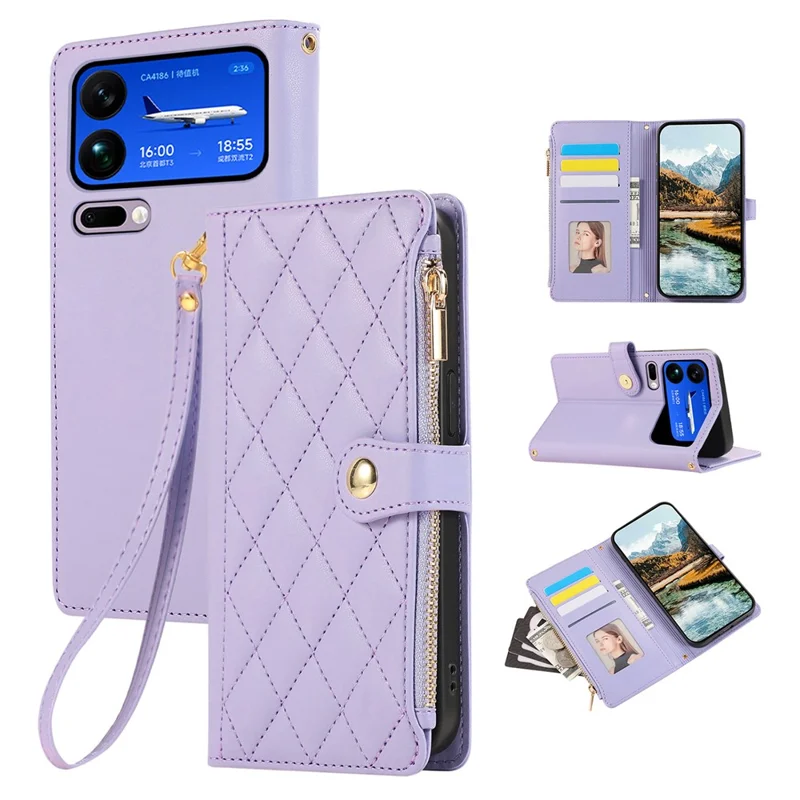 For Xiaomi 17 Pro Max Case Multi Card Slots Zipper Rhombus Leather Phone Cover with Wrist Strap - Purple