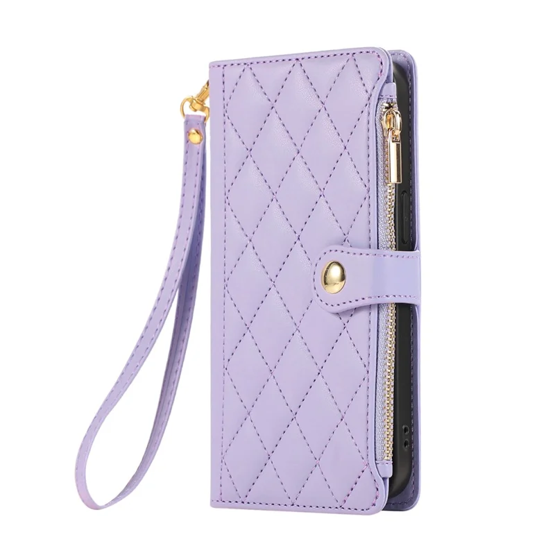 For Xiaomi 17 Pro Max Case Multi Card Slots Zipper Rhombus Leather Phone Cover with Wrist Strap - Purple