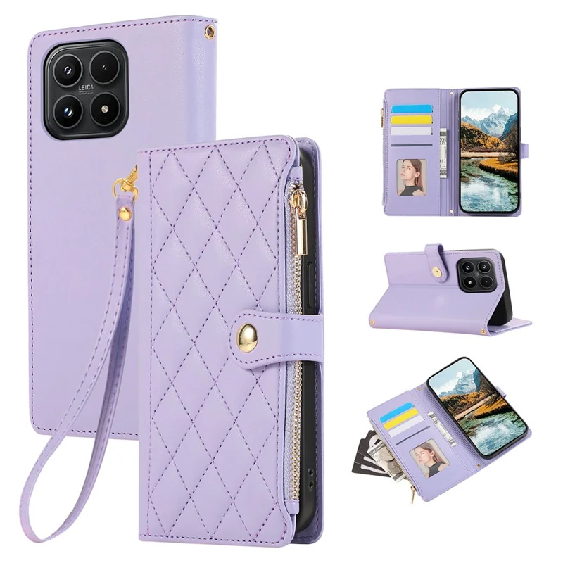 For Xiaomi 17 Case Multi Card Slots Zipper Rhombus Leather Phone Cover with Wrist Strap - Purple