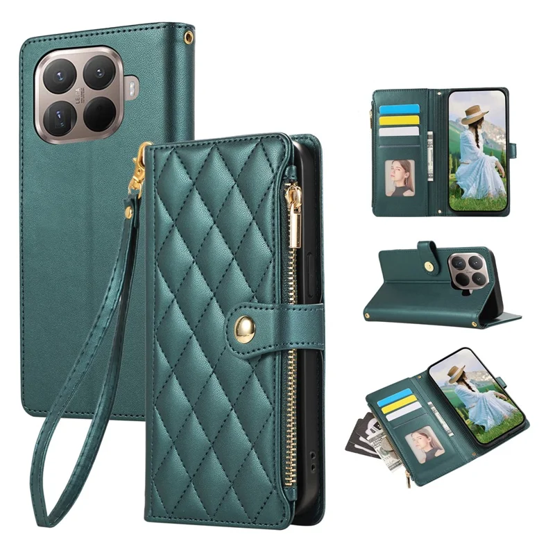 For Xiaomi 15T Pro Case Multi Card Slots Zipper Rhombus Leather Phone Cover with Wrist Strap - Green