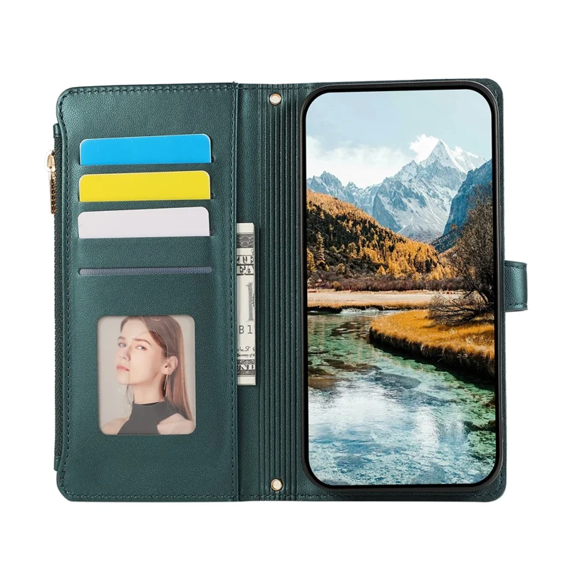 For Xiaomi 15T Pro Case Multi Card Slots Zipper Rhombus Leather Phone Cover with Wrist Strap - Green