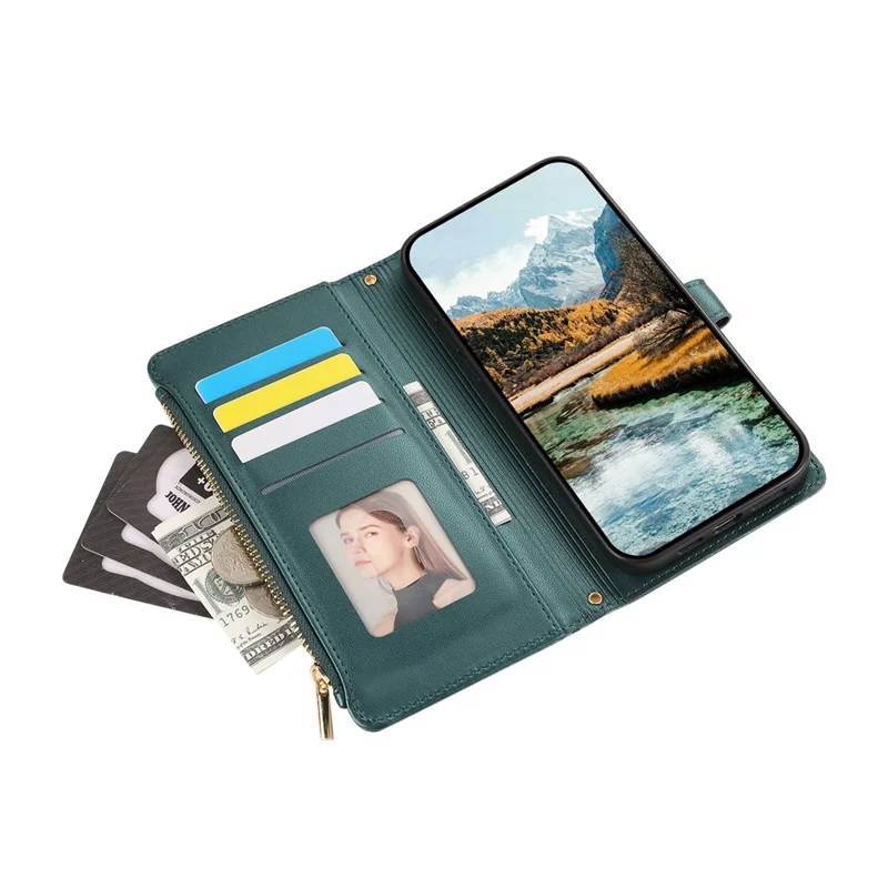 For Xiaomi 15T Pro Case Multi Card Slots Zipper Rhombus Leather Phone Cover with Wrist Strap - Green