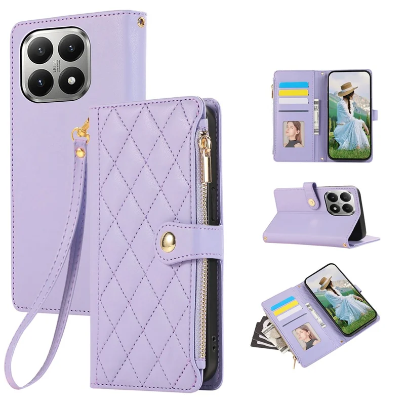 For Xiaomi 15T Case Multi Card Slots Zipper Rhombus Leather Phone Cover with Wrist Strap - Purple