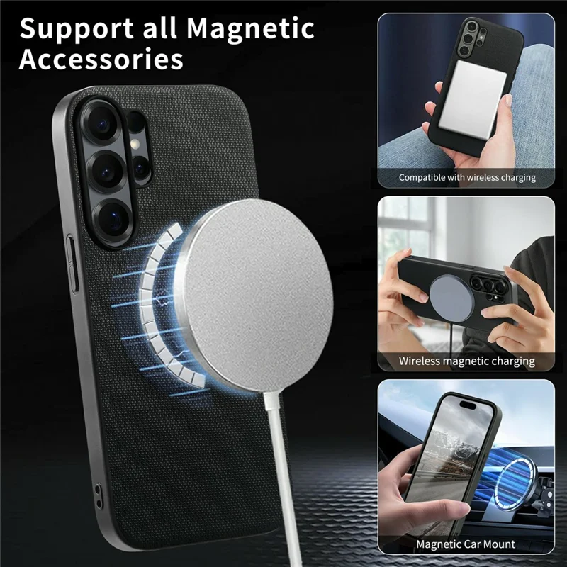 For Samsung Galaxy S25 Ultra Magnetic Case Fine Grid Texture Leather + PC + TPU Phone Cover - Black