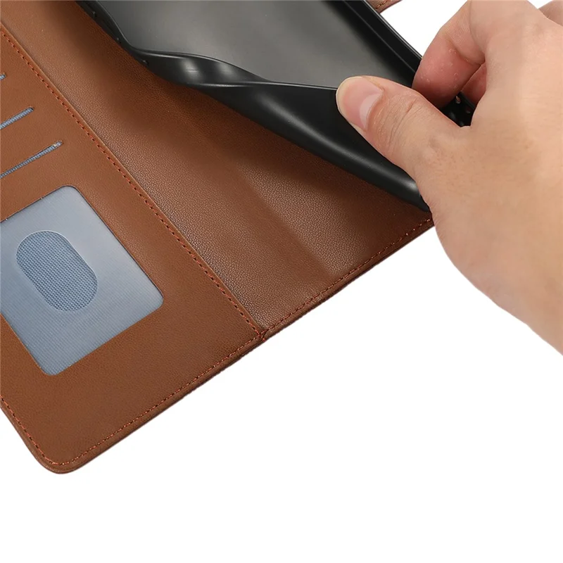 For Samsung Galaxy A57 5G Case Splicing Imprinted Rhombus Leather Phone Cover with Wrist Strap - Brown