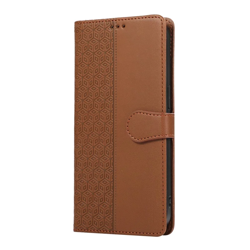 For Samsung Galaxy A57 5G Case Splicing Imprinted Rhombus Leather Phone Cover with Wrist Strap - Brown
