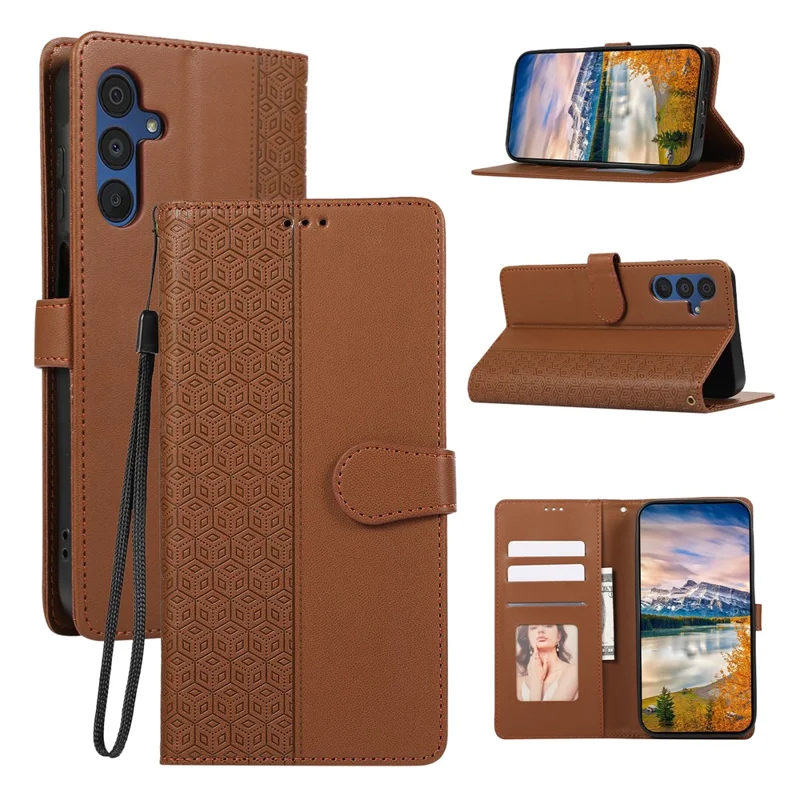 For Samsung Galaxy A37 5G Case Splicing Imprinted Rhombus Leather Phone Cover with Wrist Strap - Brown