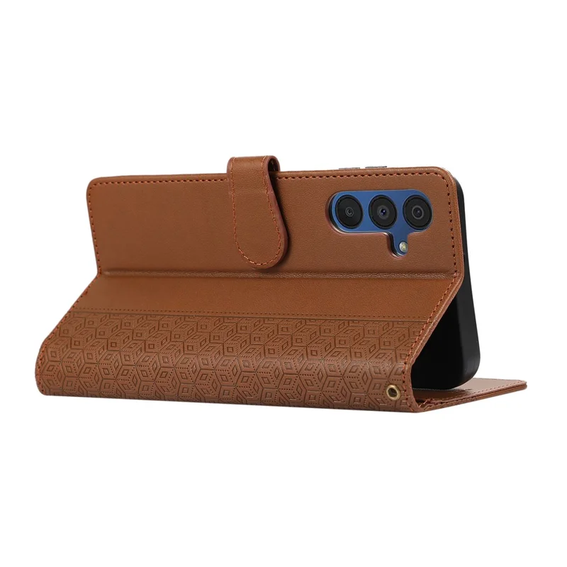 For Samsung Galaxy A37 5G Case Splicing Imprinted Rhombus Leather Phone Cover with Wrist Strap - Brown
