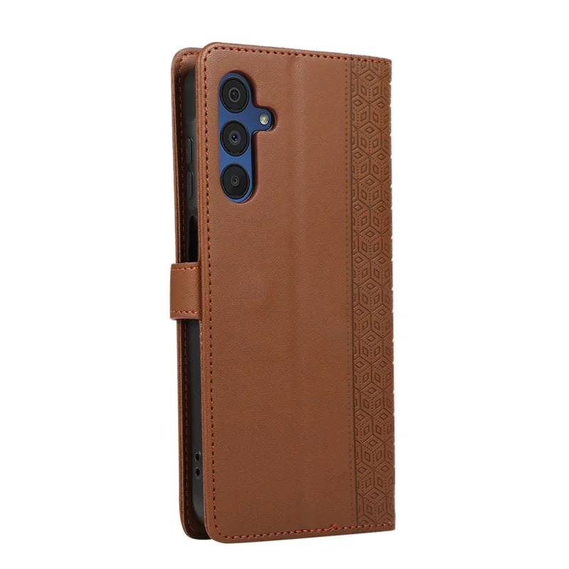 For Samsung Galaxy A37 5G Case Splicing Imprinted Rhombus Leather Phone Cover with Wrist Strap - Brown