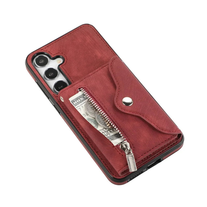 For Samsung Galaxy A57 5G Cell Phone Case PU Leather + TPU RFID Blocking Card Slots Cover with 2 Straps - Red