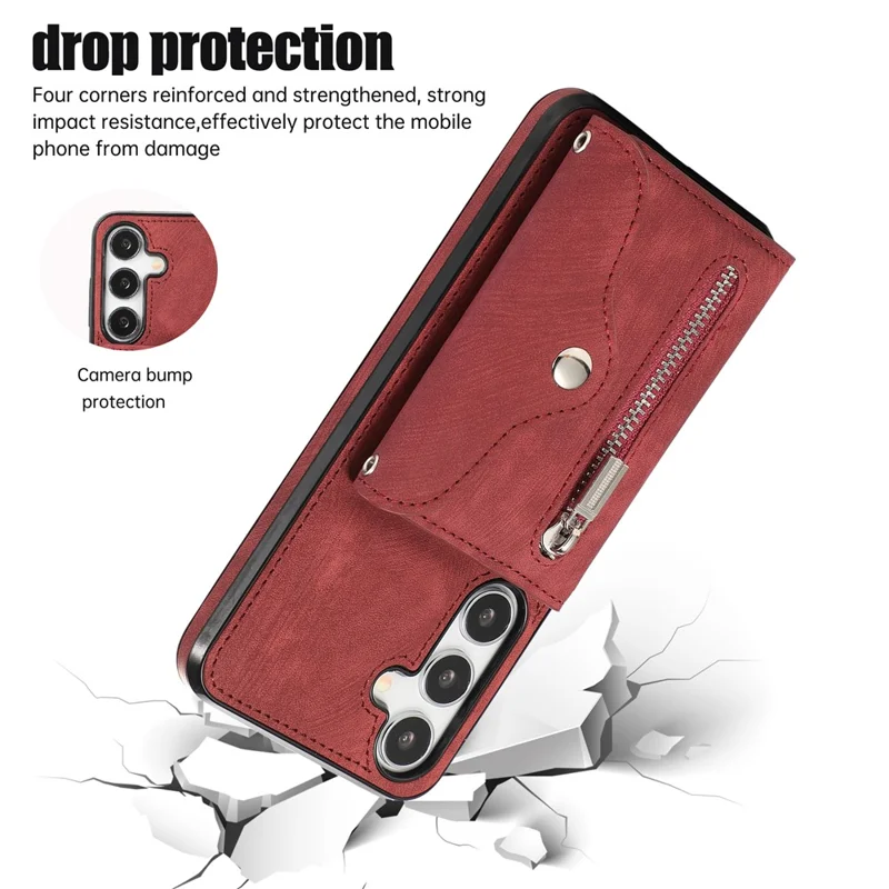 For Samsung Galaxy A57 5G Cell Phone Case PU Leather + TPU RFID Blocking Card Slots Cover with 2 Straps - Red