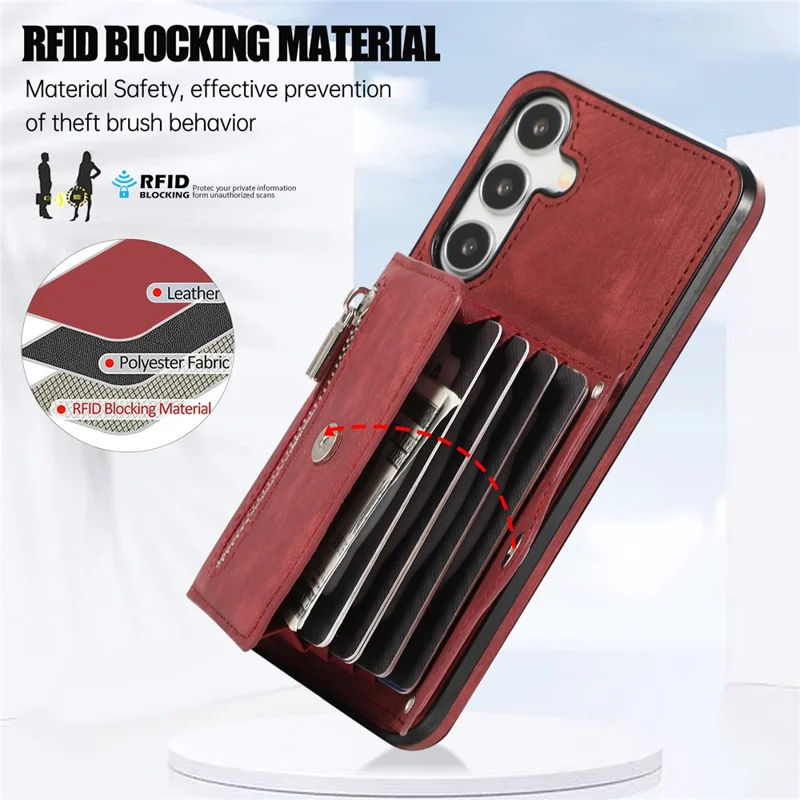 For Samsung Galaxy A37 5G Cell Phone Case PU Leather + TPU RFID Blocking Card Slots Cover with 2 Straps - Red