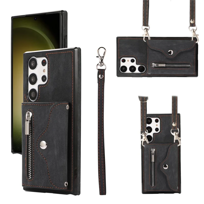 For Samsung Galaxy S26 Ultra Cell Phone Case PU Leather + TPU RFID Blocking Card Slots Cover with 2 Straps - Black