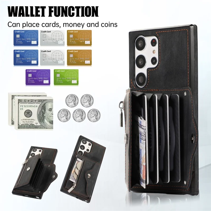 For Samsung Galaxy S26 Ultra Cell Phone Case PU Leather + TPU RFID Blocking Card Slots Cover with 2 Straps - Black