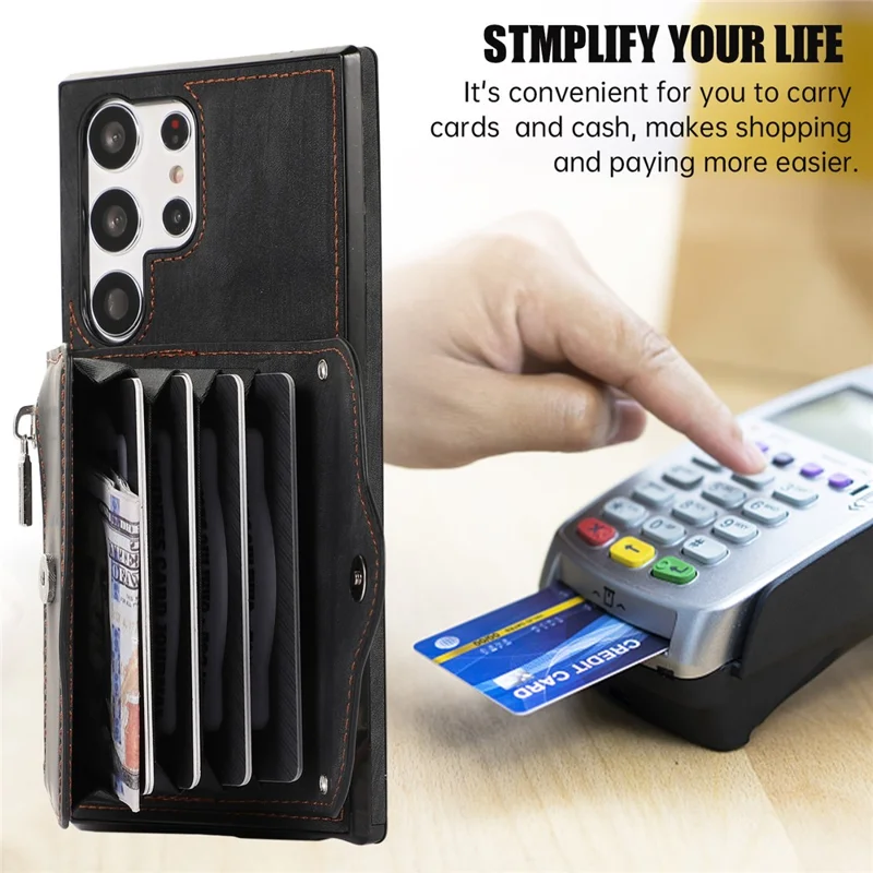 For Samsung Galaxy S26 Ultra Cell Phone Case PU Leather + TPU RFID Blocking Card Slots Cover with 2 Straps - Black