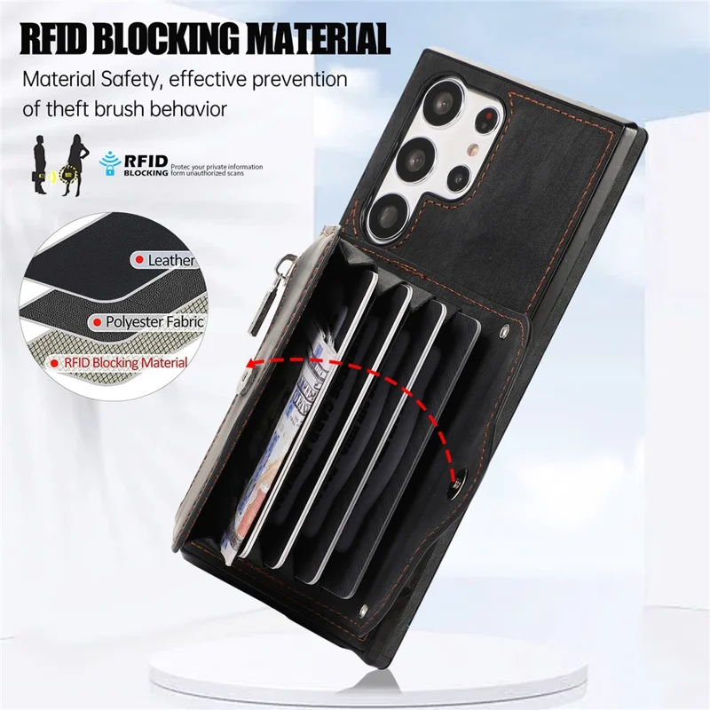 For Samsung Galaxy S26 Ultra Cell Phone Case PU Leather + TPU RFID Blocking Card Slots Cover with 2 Straps - Black