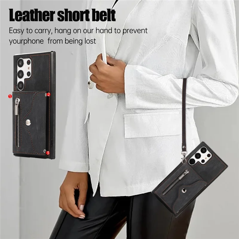 For Samsung Galaxy S26 Ultra Cell Phone Case PU Leather + TPU RFID Blocking Card Slots Cover with 2 Straps - Black