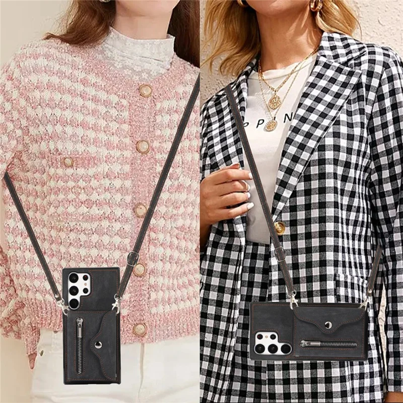 For Samsung Galaxy S26 Ultra Cell Phone Case PU Leather + TPU RFID Blocking Card Slots Cover with 2 Straps - Black