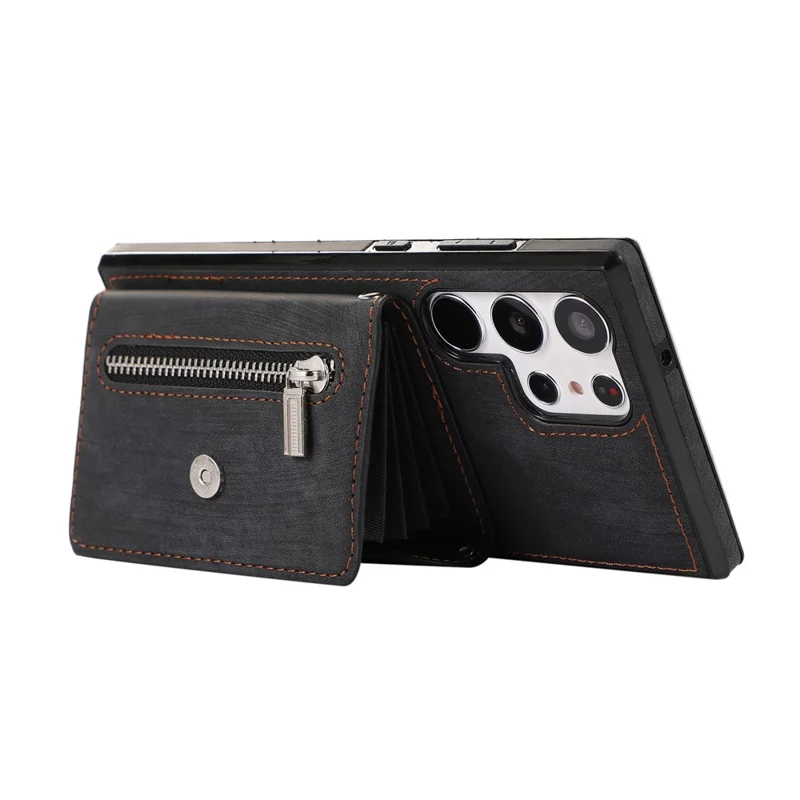 For Samsung Galaxy S26 Ultra Cell Phone Case PU Leather + TPU RFID Blocking Card Slots Cover with 2 Straps - Black