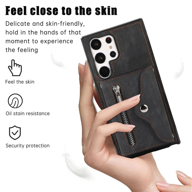 For Samsung Galaxy S26 Ultra Cell Phone Case PU Leather + TPU RFID Blocking Card Slots Cover with 2 Straps - Black