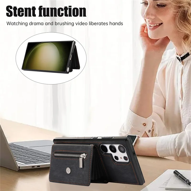 For Samsung Galaxy S26 Ultra Cell Phone Case PU Leather + TPU RFID Blocking Card Slots Cover with 2 Straps - Black