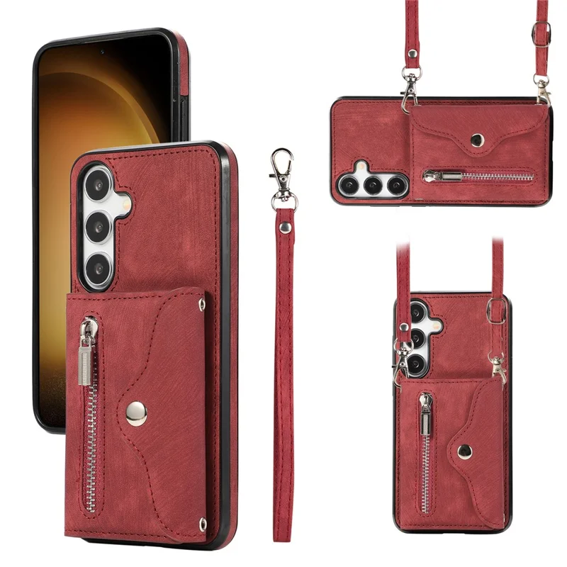 For Samsung Galaxy S26+ Cell Phone Case PU Leather + TPU RFID Blocking Card Slots Cover with 2 Straps - Red