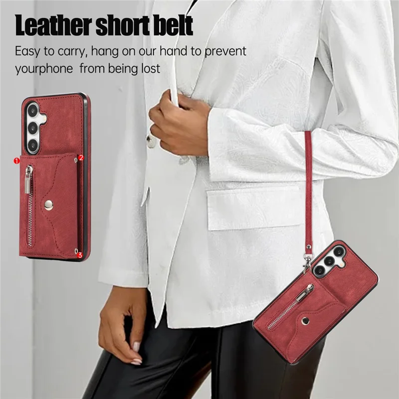 For Samsung Galaxy S26+ Cell Phone Case PU Leather + TPU RFID Blocking Card Slots Cover with 2 Straps - Red