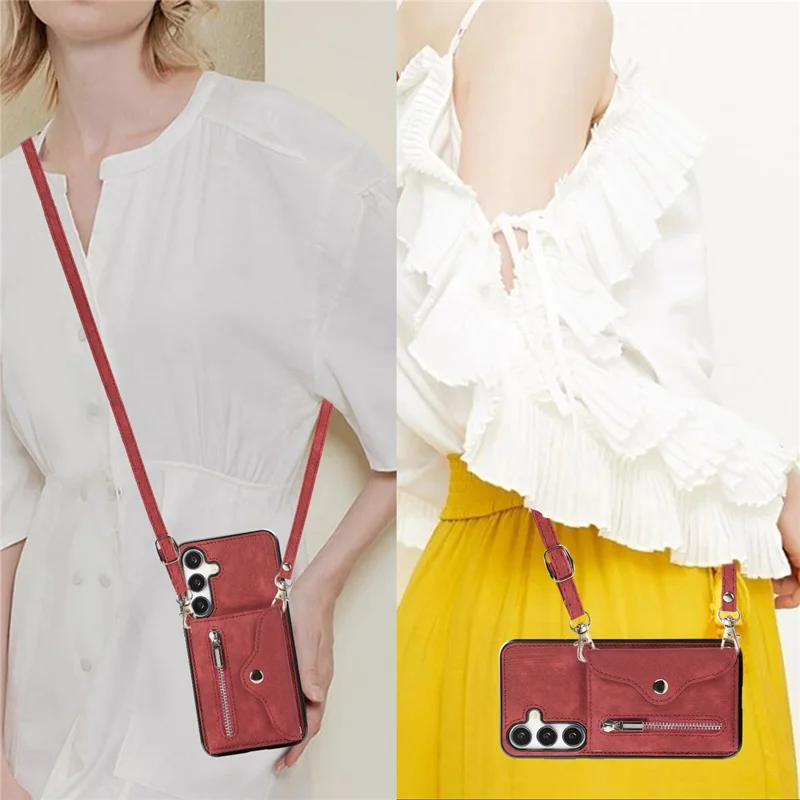 For Samsung Galaxy S26+ Cell Phone Case PU Leather + TPU RFID Blocking Card Slots Cover with 2 Straps - Red