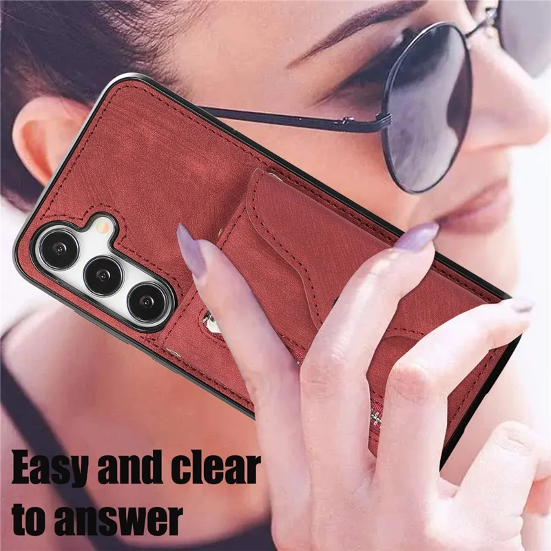 For Samsung Galaxy S26+ Cell Phone Case PU Leather + TPU RFID Blocking Card Slots Cover with 2 Straps - Red