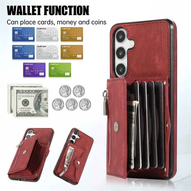 For Samsung Galaxy S26 Cell Phone Case PU Leather + TPU RFID Blocking Card Slots Cover with 2 Straps - Red