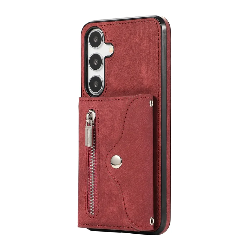 For Samsung Galaxy S26 Cell Phone Case PU Leather + TPU RFID Blocking Card Slots Cover with 2 Straps - Red