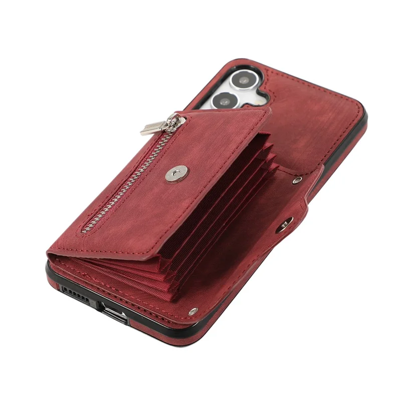 For Samsung Galaxy S26 Cell Phone Case PU Leather + TPU RFID Blocking Card Slots Cover with 2 Straps - Red