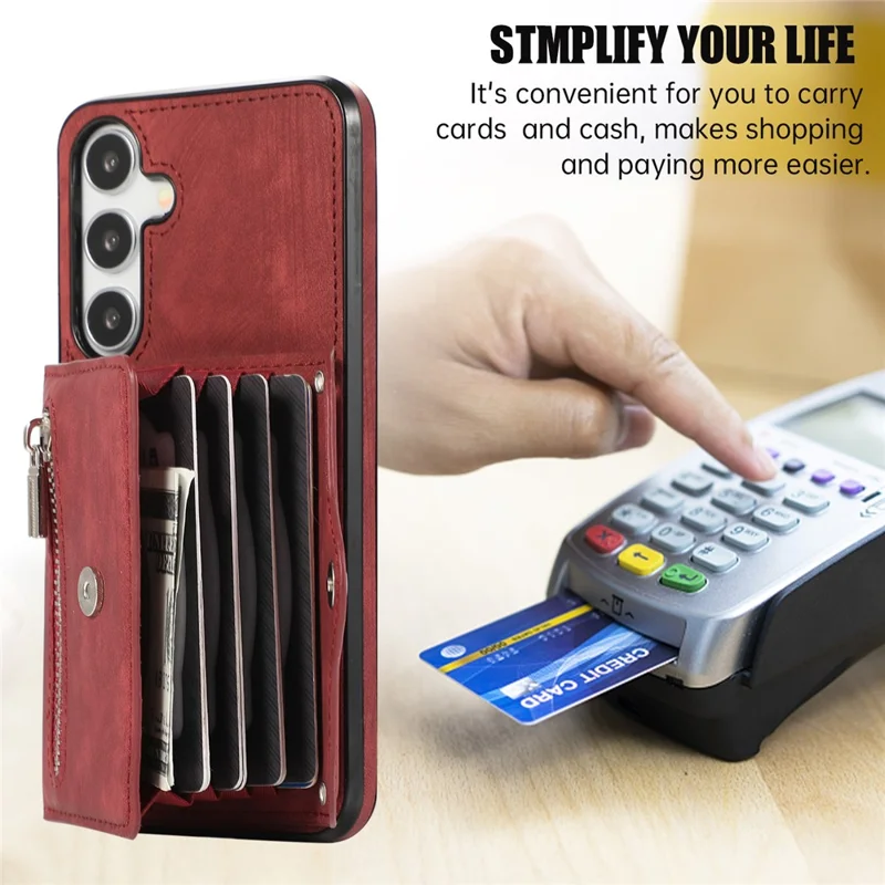 For Samsung Galaxy A37 5G Case Multiple Card Holder Kickstand TPU PU Leather + PC Phone Cover with Wrist Strap - Red