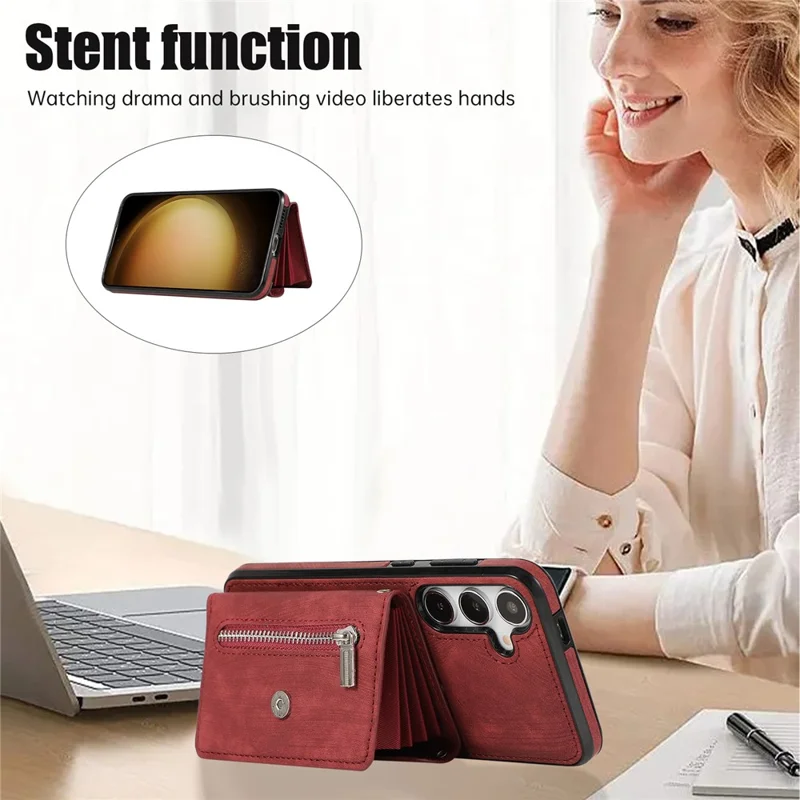 For Samsung Galaxy A37 5G Case Multiple Card Holder Kickstand TPU PU Leather + PC Phone Cover with Wrist Strap - Red