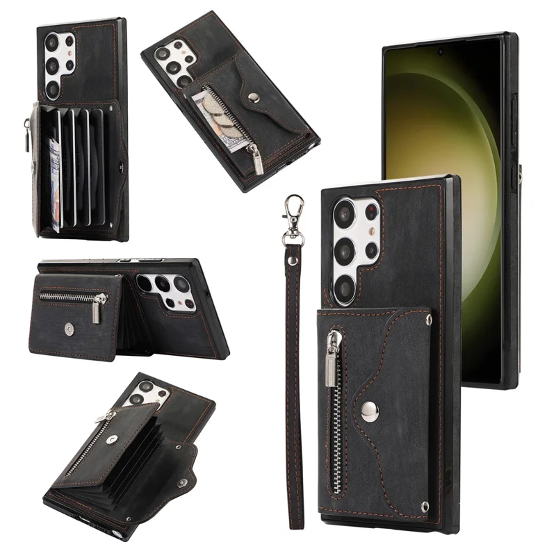 For Samsung Galaxy S26 Ultra Case Multiple Card Holder Kickstand TPU PU Leather + PC Phone Cover with Wrist Strap - Black