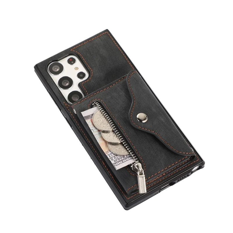 For Samsung Galaxy S26 Ultra Case Multiple Card Holder Kickstand TPU PU Leather + PC Phone Cover with Wrist Strap - Black