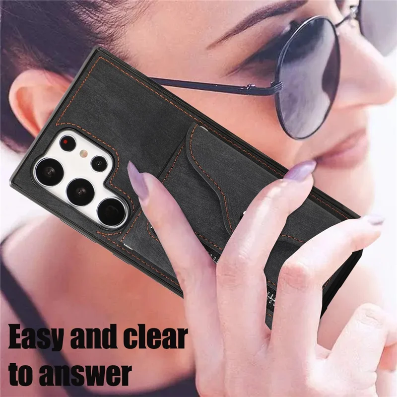 For Samsung Galaxy S26 Ultra Case Multiple Card Holder Kickstand TPU PU Leather + PC Phone Cover with Wrist Strap - Black