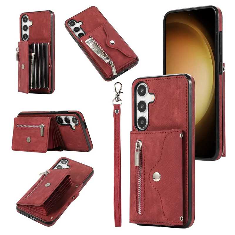 For Samsung Galaxy S26 Case Multiple Card Holder Kickstand TPU PU Leather + PC Phone Cover with Wrist Strap - Red