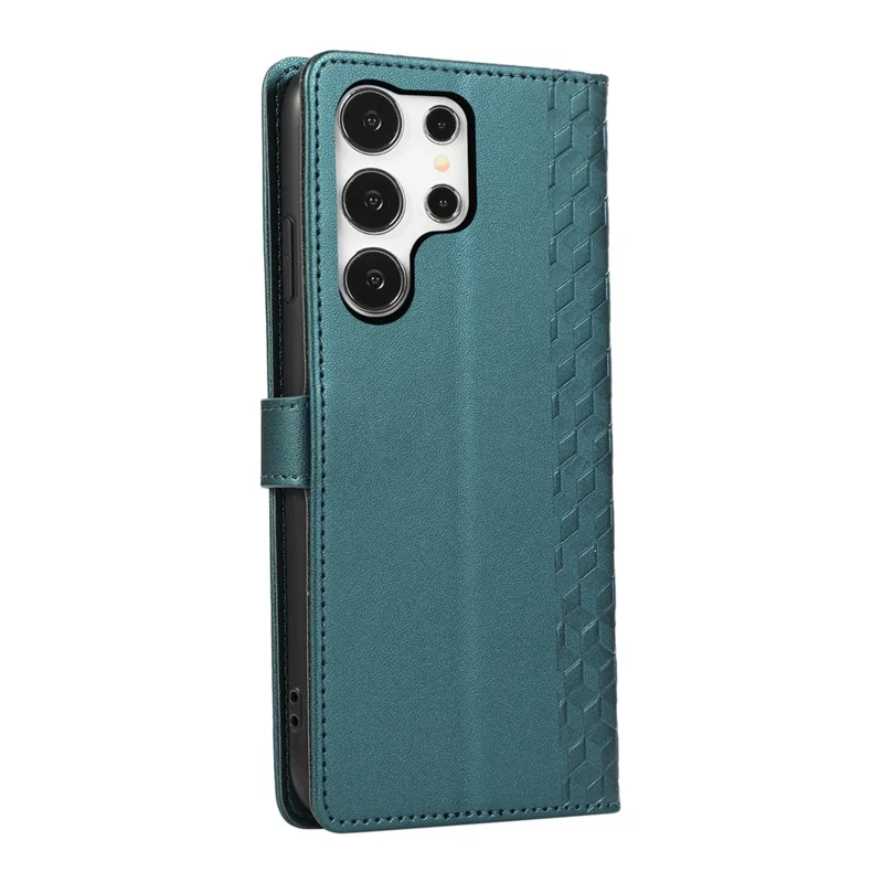 For Samsung Galaxy S26 Ultra Case 3D Rhombus Grid Imprinted Wallet Leather Phone Cover with Lanyard - Green